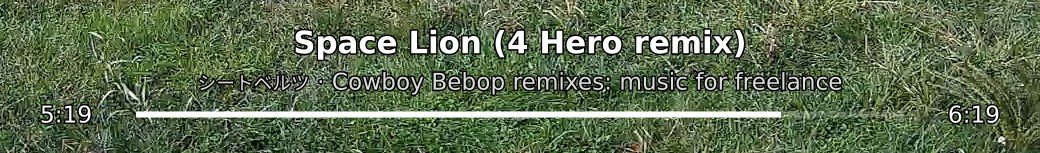 The bare line over grass: the track title, the artist and album in a smaller line, and a progress bar with 5:19 on the left and 6:19 on the right