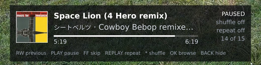 The jukebox card over the camera picture: album art, the track title Space Lion (4 Hero remix), the artist in katakana and the album, a progress bar at 5:19 of 6:19, PAUSED, shuffle off, repeat off, 14 of 15, and a row of key hints
